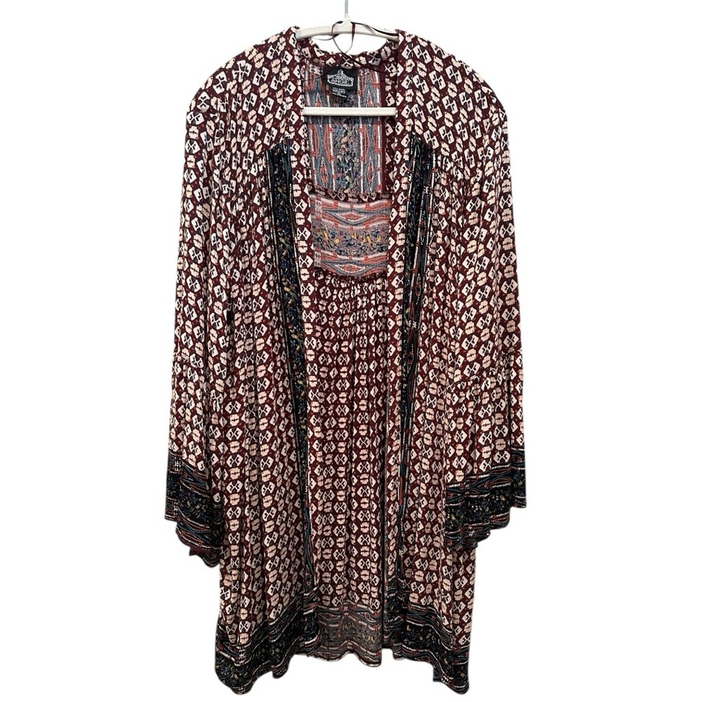 Angie Boho Gypsy Patterned Kimono Duster Cover Up Bell Sleeve Western Layer Sz L
